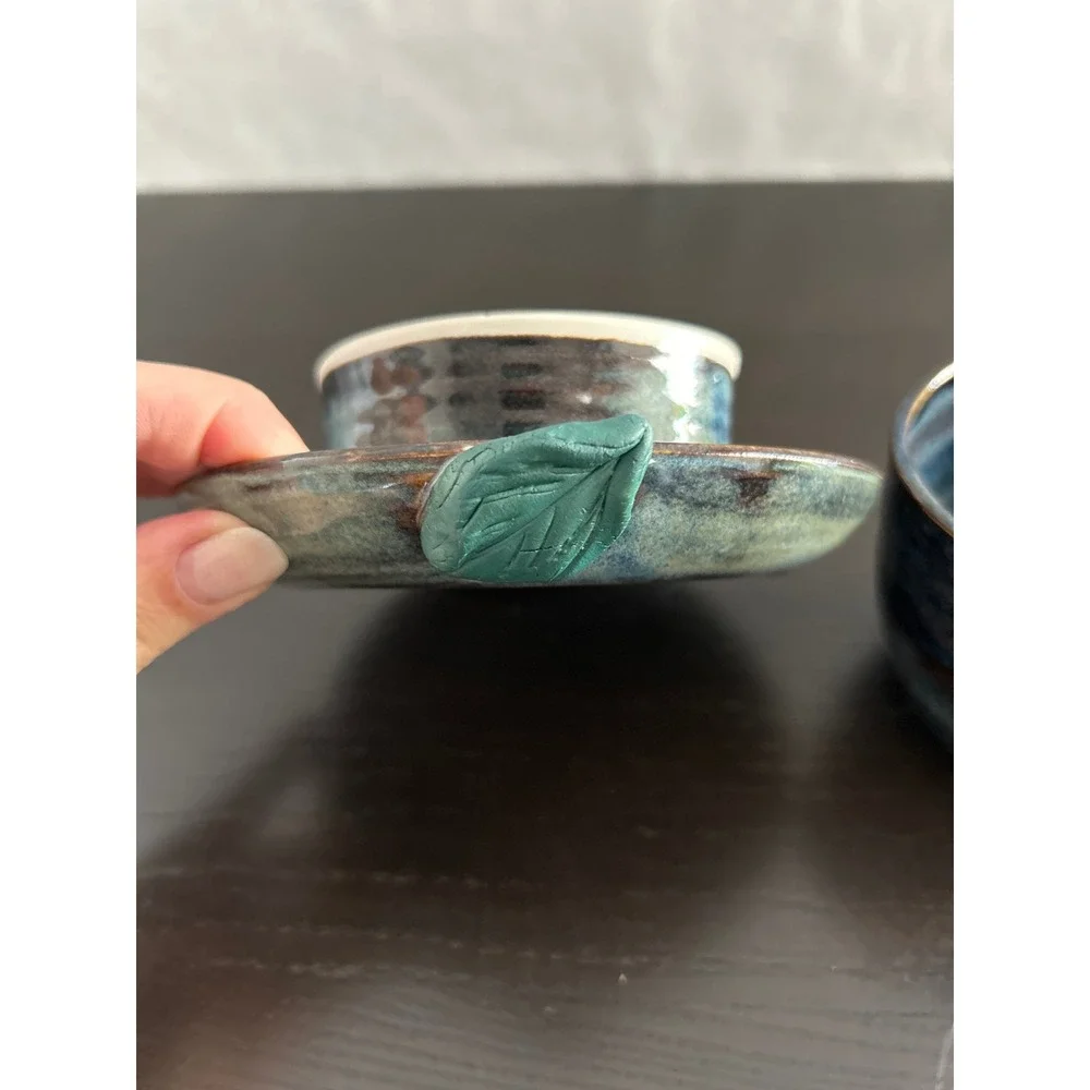 Handmade Studio Pottery Butter Bell French Keeper Blue Green Glaze Leaf Detail